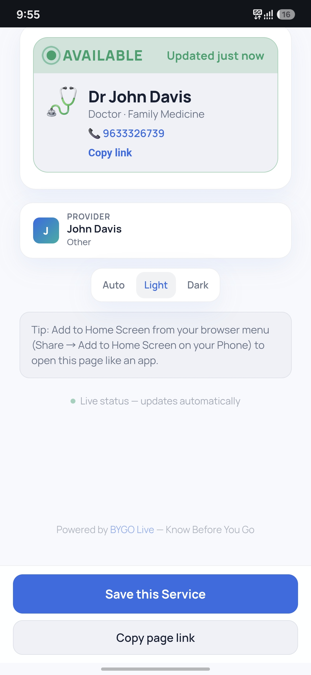 BYGO Live — Public availability page for Dr John Davis