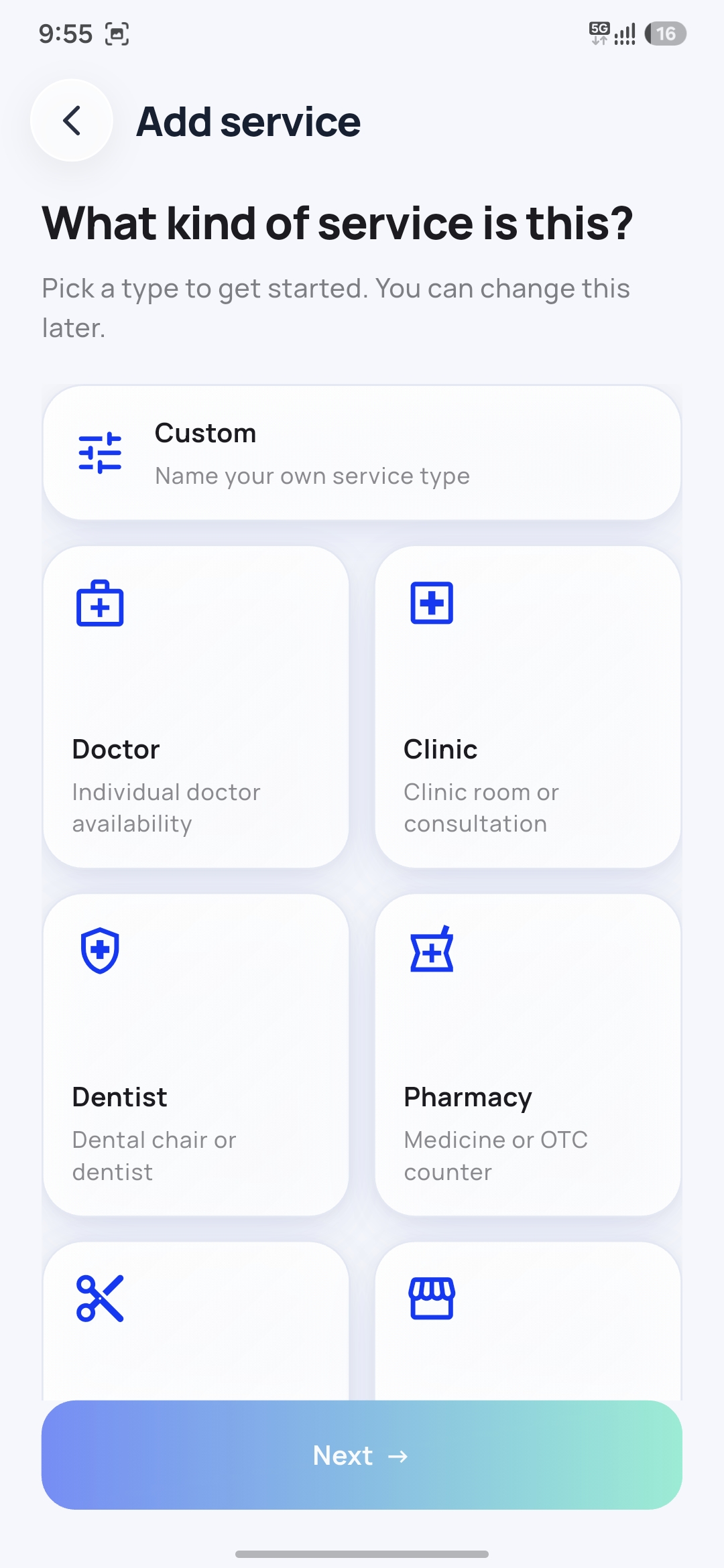 Add service — pick a type