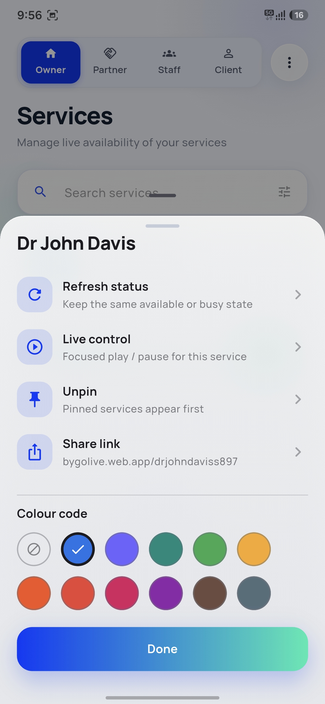 Service options — refresh, live, share, colour code