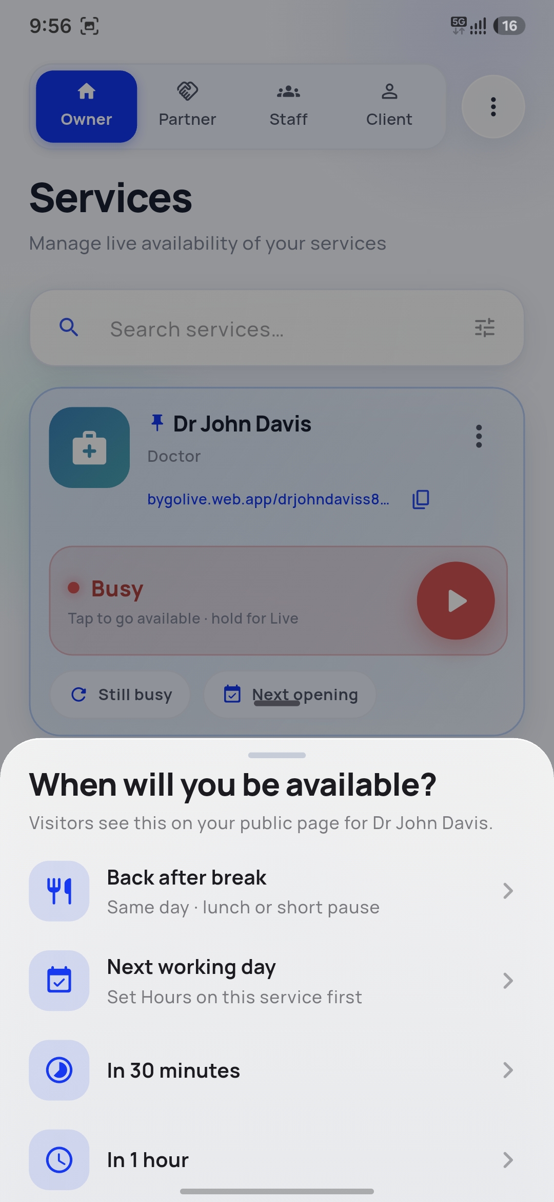 Busy status with next opening options
